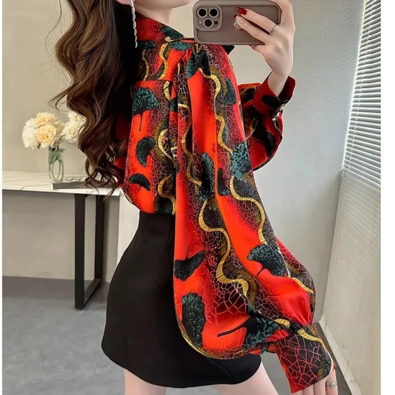 Fashion Preppy Style 2024 Spring New Blouses Women\'s Polo Collar Printed Button Ruched Loose Sweet Lantern Sleeve Chiffon Shirt