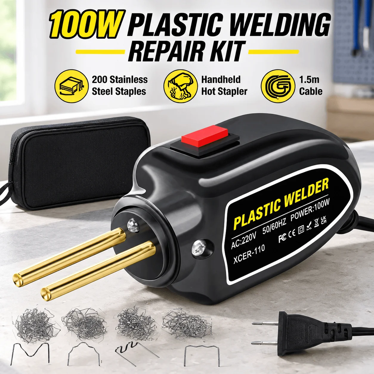 100W Plastic Welding Repair Kit, 200 Stainless Steel Staples, Handheld Hot Stapler, 1.5m Cable, ABS Body, for Vehicle Bumpers, Dashboard Parts, Light Sockets and Household Plastic Repairs, Black ABS, gun 14 x 6cm, working tip length 4.5cm