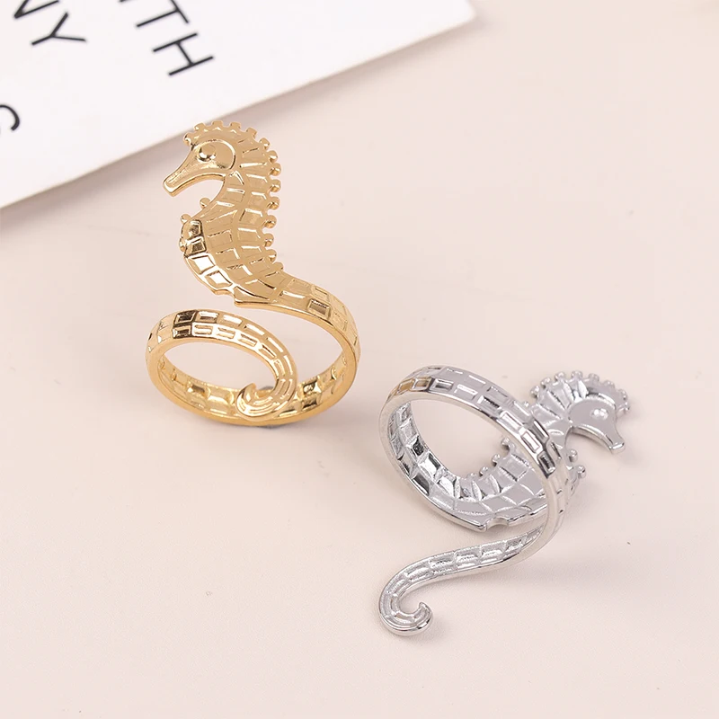 Sea Beach Stainless Steel Sea Horse Design Open Ring ​Light Cozy ​Women Charm 18K PVD Plated Waterproof Stylish Jewelry Gift image 3
