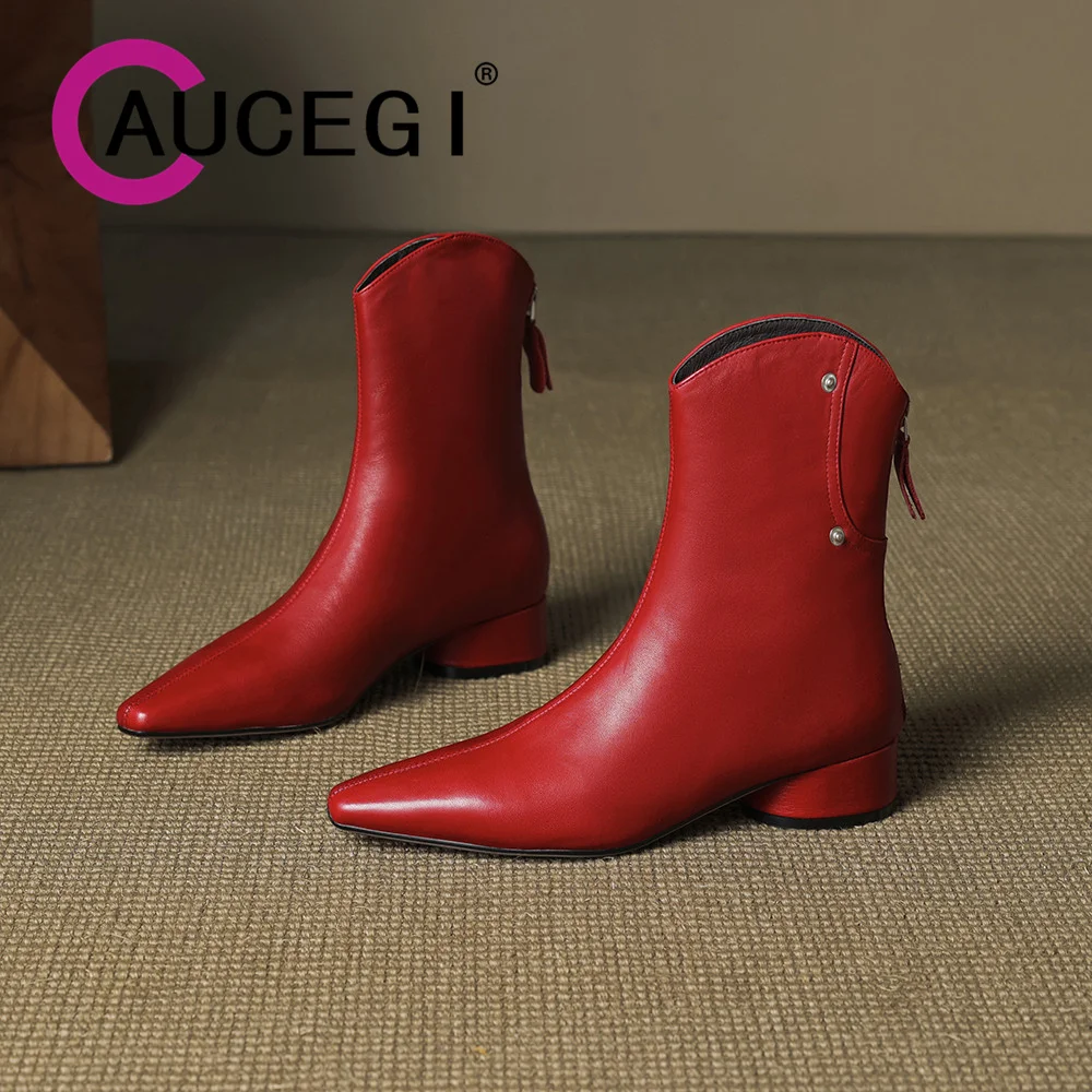 

Aucegi 2026 Genuine Leather Pointed Toe Autumn Winter Modern Ankle Boots Thick Heels Back Zipper Dance Party Manual Made Shoes