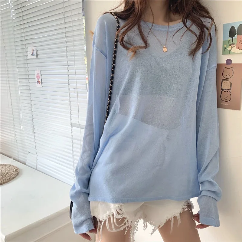 Sheer T-shirts for Women Long Sleeve O-neck Candy Colors Spring Summer All-match Young Loose Fashion Korean Style Chic Students