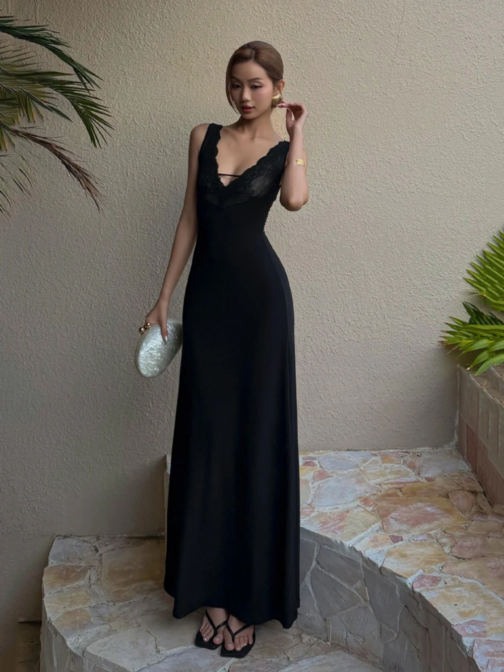 Black Lace Camisole Dress With Desired Atmosphere, Women'S Deep V High Elasticity Slim Fit And Hanging Holiday Date Dress