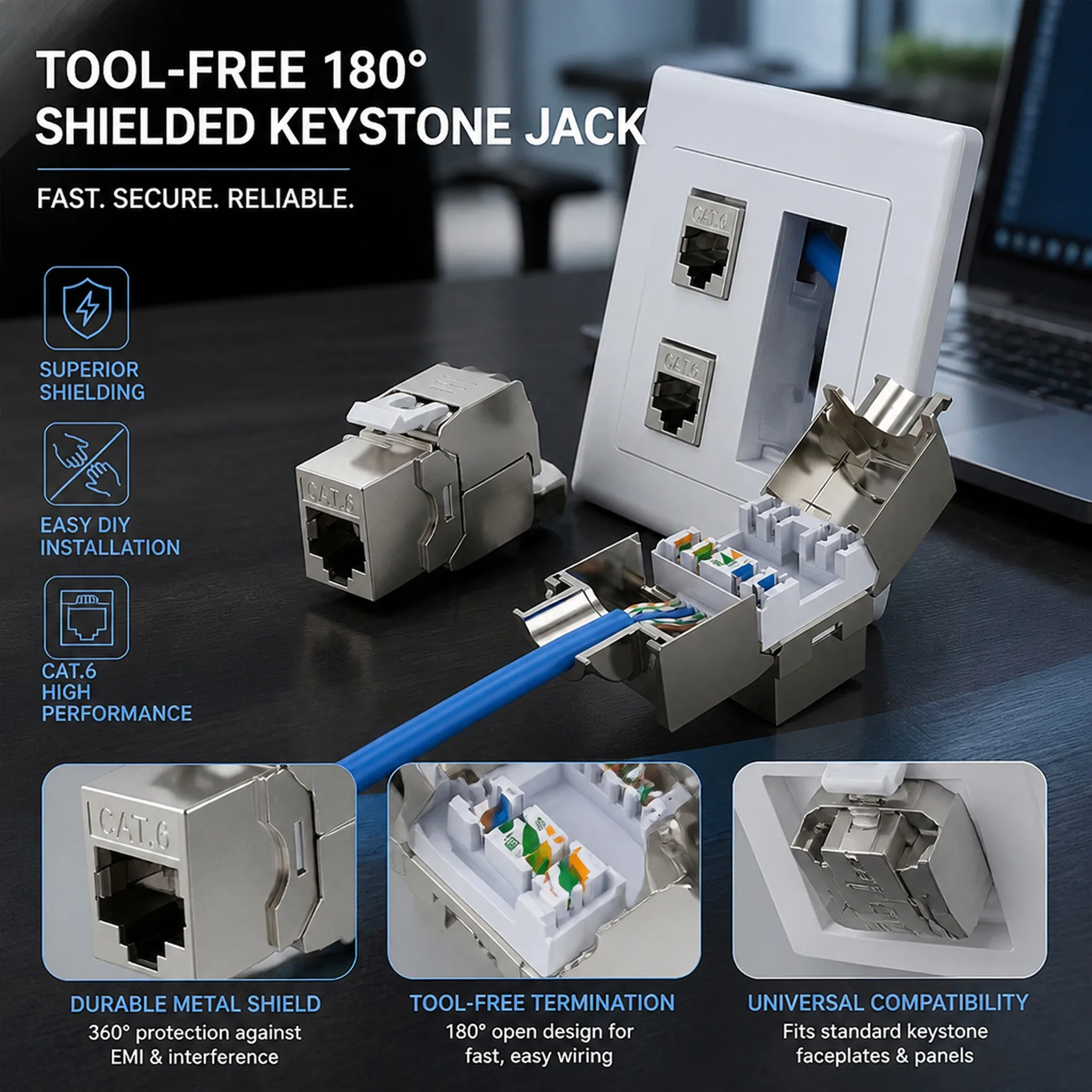 10PCS CAT6 Shielded RJ45 Keystone Jack Tool-less No Punch Down Up Down Crimp 10Gbps Ethernet Network Data Module