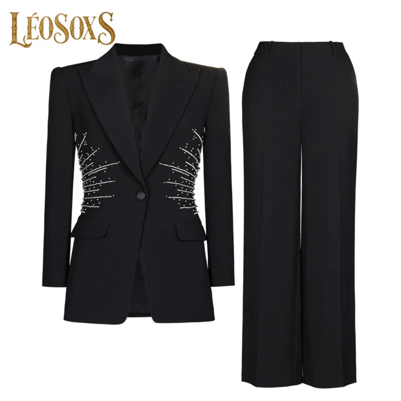 LEOSOXS ツーピース レディース セットアップ ラインストーン装飾ブレザー＆テーラードパンツ 永遠の高級感と洗練されたスタイル 2025