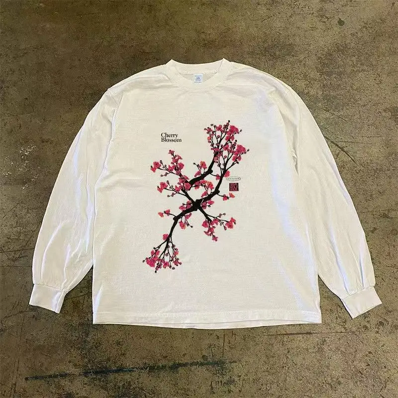 

Y2K Clothes Harajuku Casual Gothic Tops Cotton T Shirt Hip Hop Retro Cherry Blossom Oversized Graphic Print T Shirt Men Women