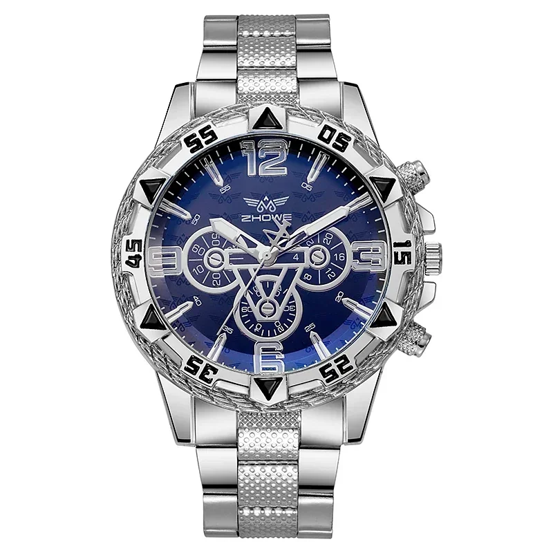 Luxe Heren Quartz Horloge Klassiek Zakelijk Heren Polshorloge Grote Wijzerplaat Gelegeerd Stalen Strip Blauw Licht Drie Oog Heren Quartz Horloge