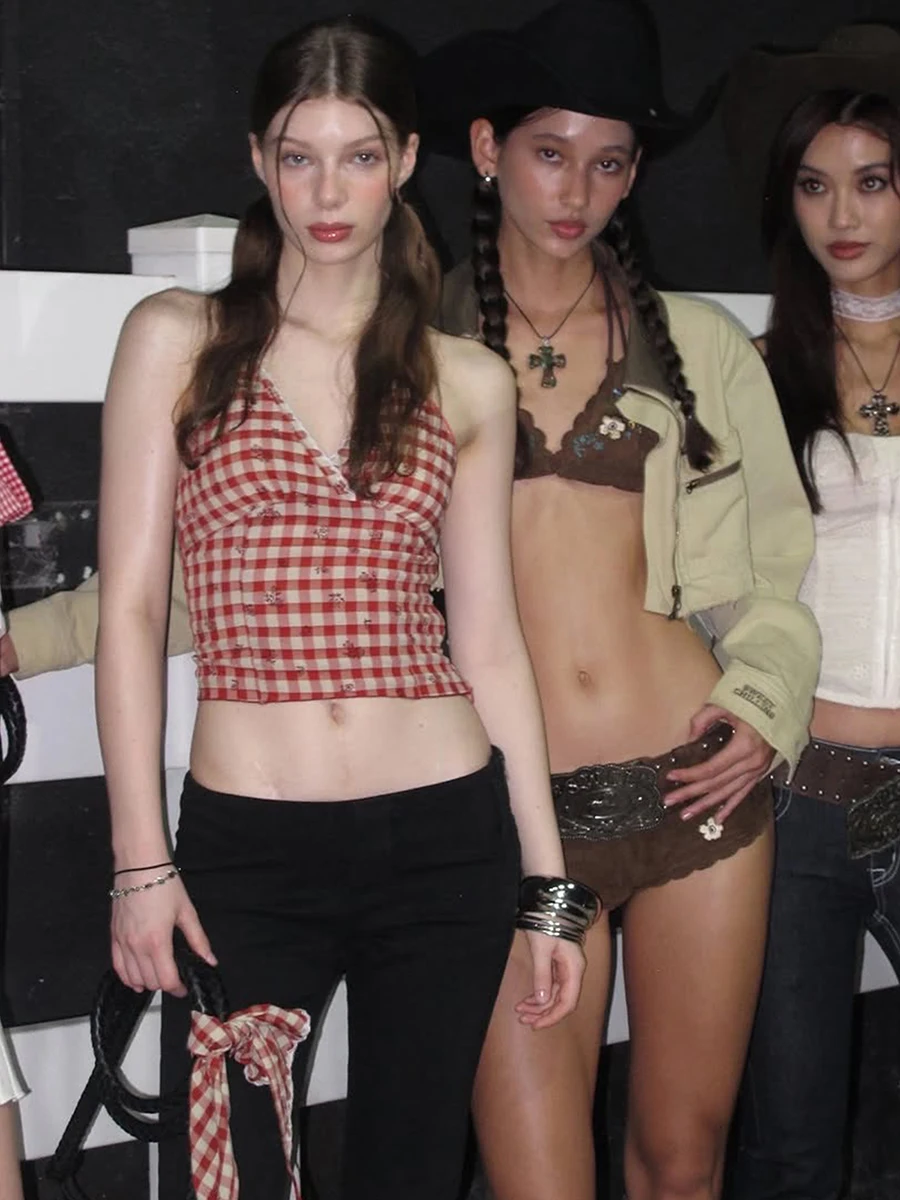 Weird Puss Street Faion Retro a cuadros chica sensación nudo colgante Ne chaleco mujeres versátil picante chica Top ort Sle impreso v-ne