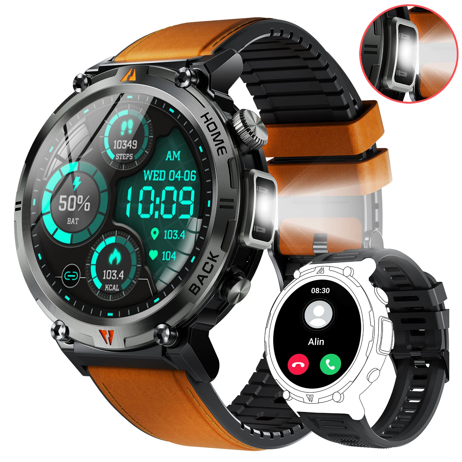 LaNikar New Military Smart Watch LED Flashlight with Bluetooth Calls Heart Rate Sleep Monitor Fitness Tracker for iPhone Android