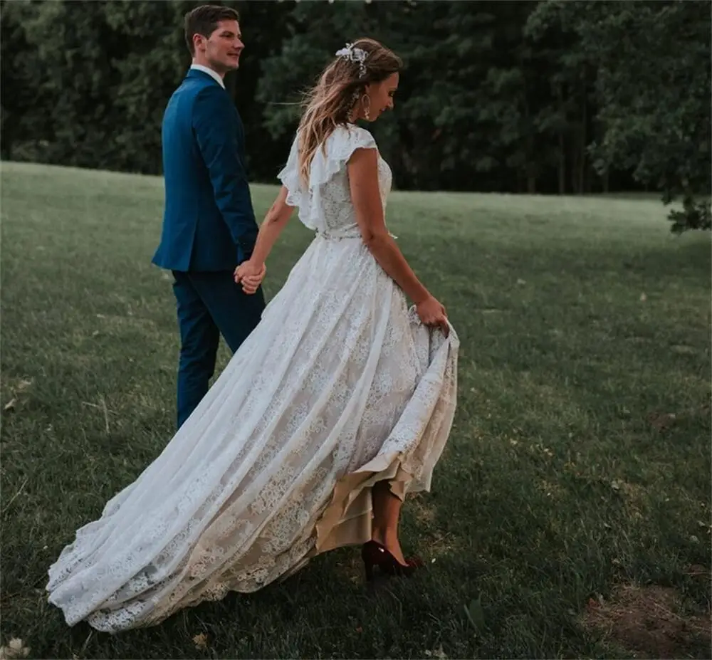 Vestido de novia de manga corta, cola de barrido con volantes, espalda abierta, bohemio, playa, encaje, boda, 11178