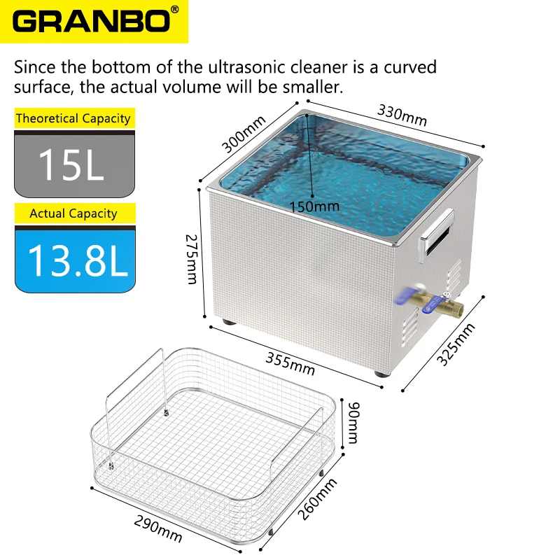 Granbo Sonic Variable Frequency 40/68/80/100/120KHz Ultrasonic Cleaner Bathtub 15L 500W Ultrasound Emitter Precision Cleaning