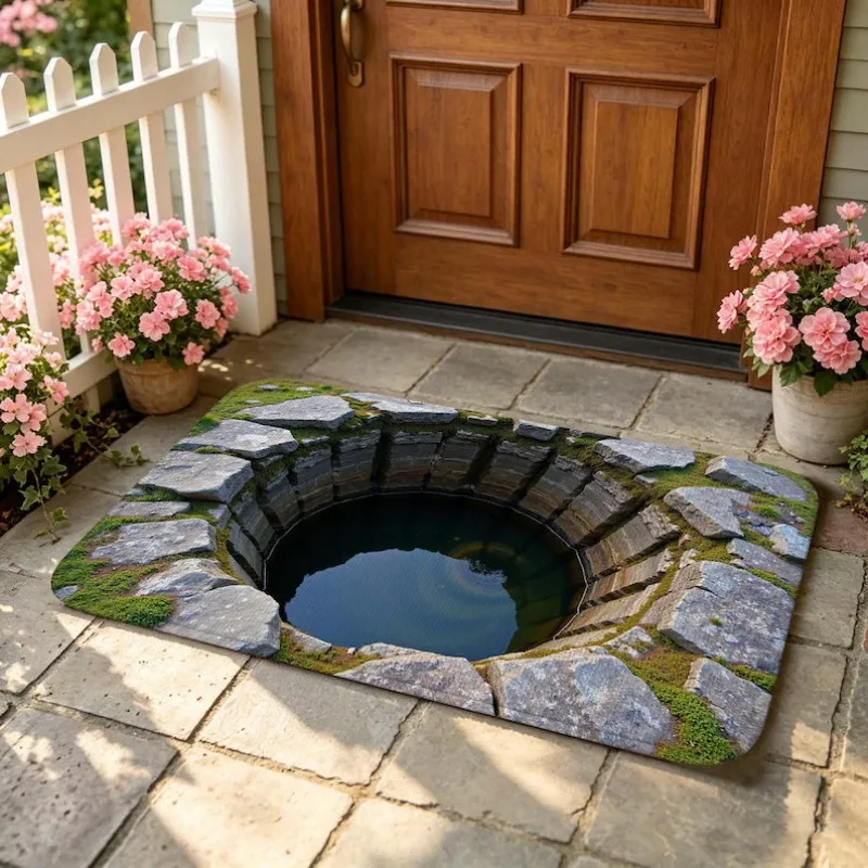 Rectangle 2D Moss Stone Deep Well Water Illusion Doormat Non Slip Front Entry Carpet Outdoor Indoor Household Decor Floor Rug