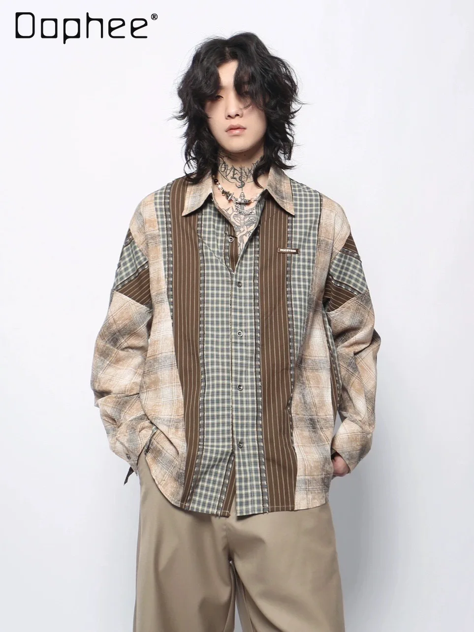 

Весна и осень 2024, новая мужская рубашка в клетку с длинными рукавами в американском стиле ретро кофейного цвета, высококачественная повседневная рубашка