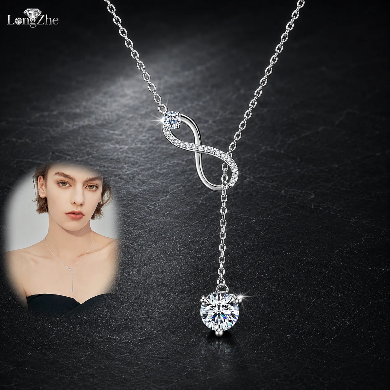 LongZhe 925 Sterling Silver Moissanite Pendant Necklace Infinity Symbol 40+8cm D Color GRA Women Fine Jewelry Gift Fine Jewelry