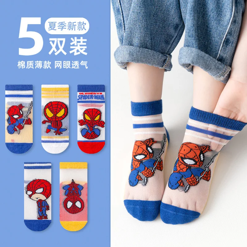 5 par nowe skarpetki dziecięce Marvel Kawaii Mesh oddychające lodowe cienkie skarpetki letnie kreskówki dziecięce krótkie bawełniane skarpety dla chłopców