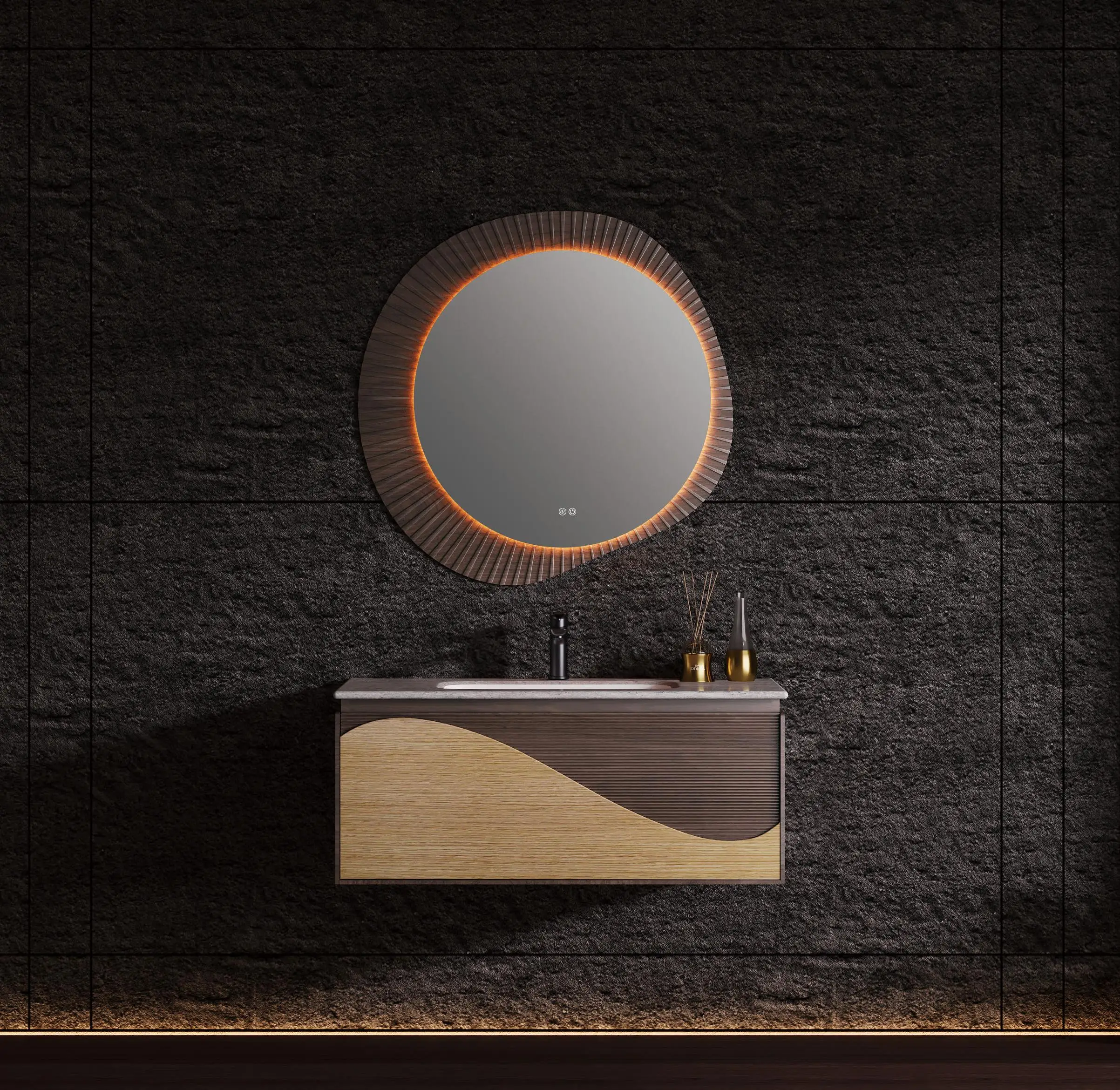2025 Luxury Modern LED Carved Lacquered Rectangle Panel Water-Resistant Double Ceramic Basin Eco-Friendly Smart Mirror Apartment