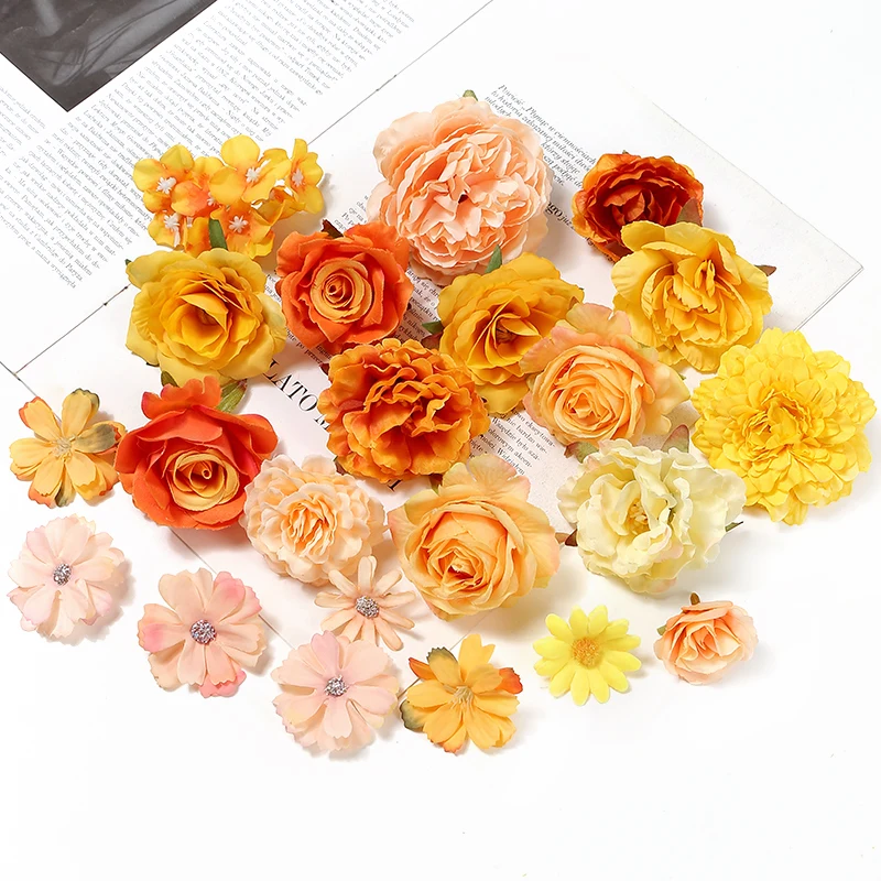 Orange Series Rose Artificial Flowers Heads Fake Flowers for Home Decor Party Marriage Wedding Decoration DIY Wreath Accessories