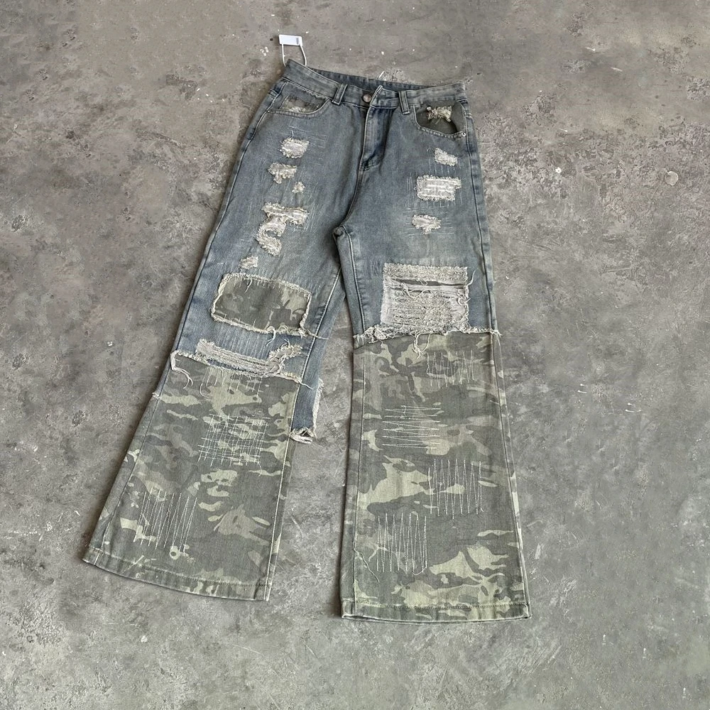 

Yao888 Camouflage Patchwork Denim Pants Streetwear Casual Loose Wrecking Pants Vintage Mopping Pants Fashion Jeans For Men