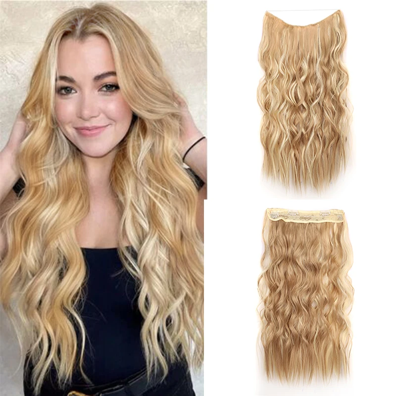 

Long Wavy Adjustable Wire Hairpiece for Women Ombre Blonde Invisible Fish Line Hair Extensions Synthetic Fibre Fake Hair Piece