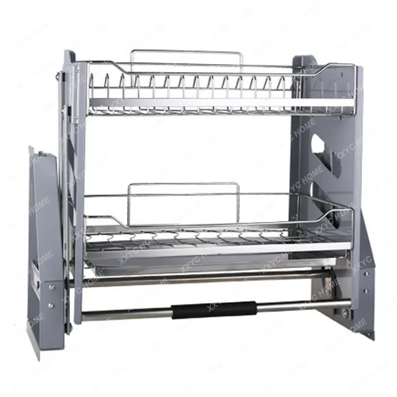 cabinet lifting dishes pull baskets 304 stainless steel double layer Damping hydraulic smooth lift bowls shelf