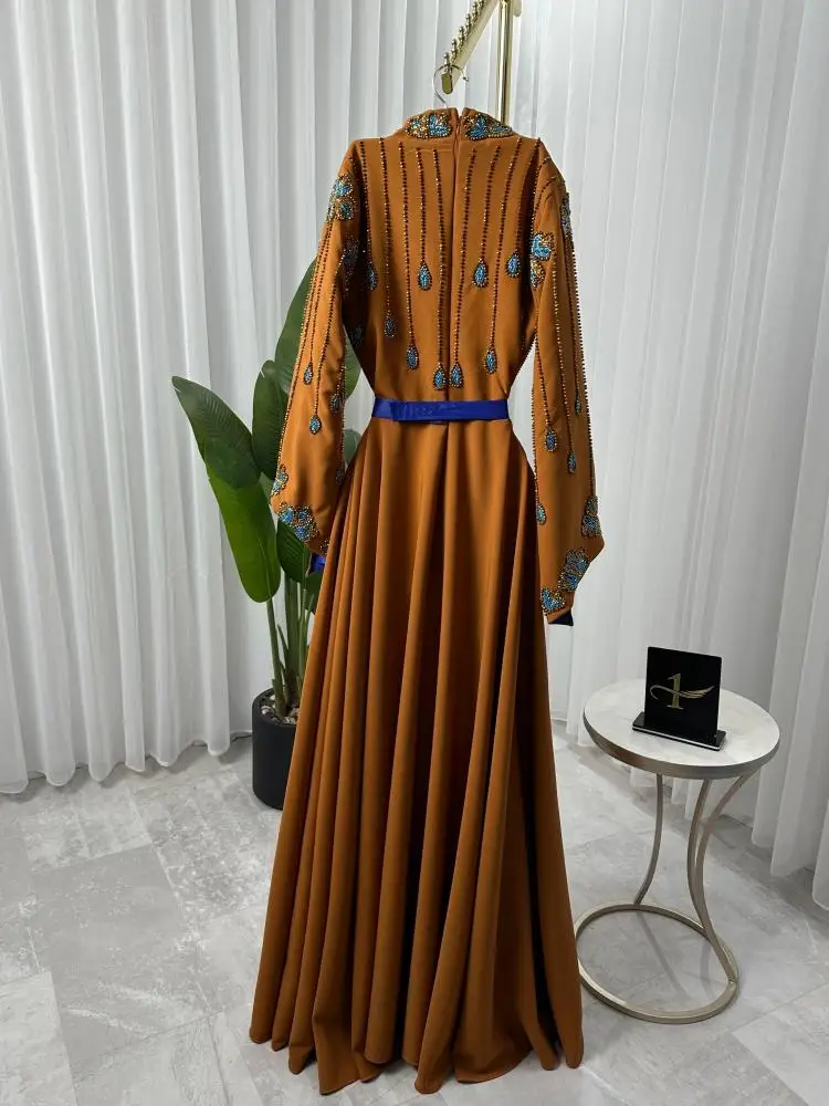 Jirocum Bell Sleeve Burnt Orange Evening Dresses V-Neck Blue Beaded Dress for Formal Gala Prom Dresses Saudi Arabia
