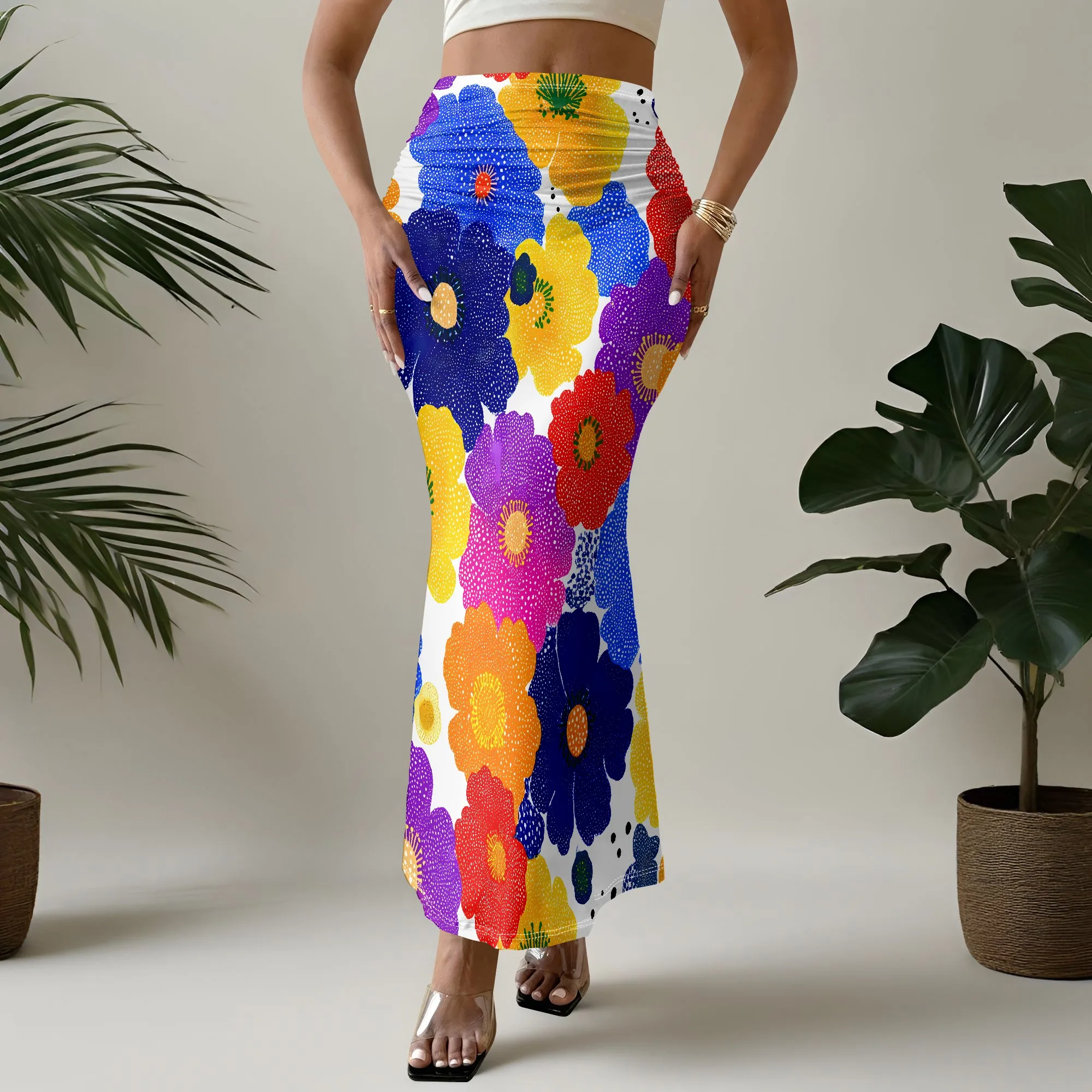 Floral Print, Fish Tail Skirt, Colorful Daisy Pattern, Summer Beach Bottoms, Boho Style, S-2XL