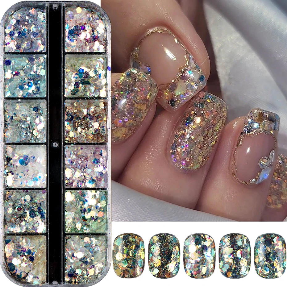 12 Grids Shimmery Mermaid Hexagon Nail Art Glitter Sequins Holographic Mirror Nail Powder Flakes Nail Charms Decoration Manicure