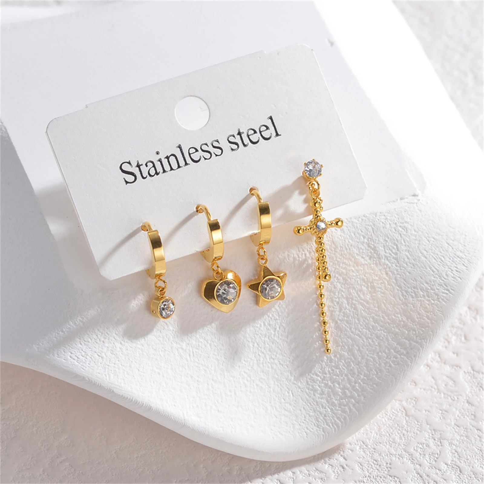 316L Stainless Steel Europe America Style 4 Pieces/Set Embed Zircon Heart Stars Cross Shape Tassels Earring Fashion High Jewelry