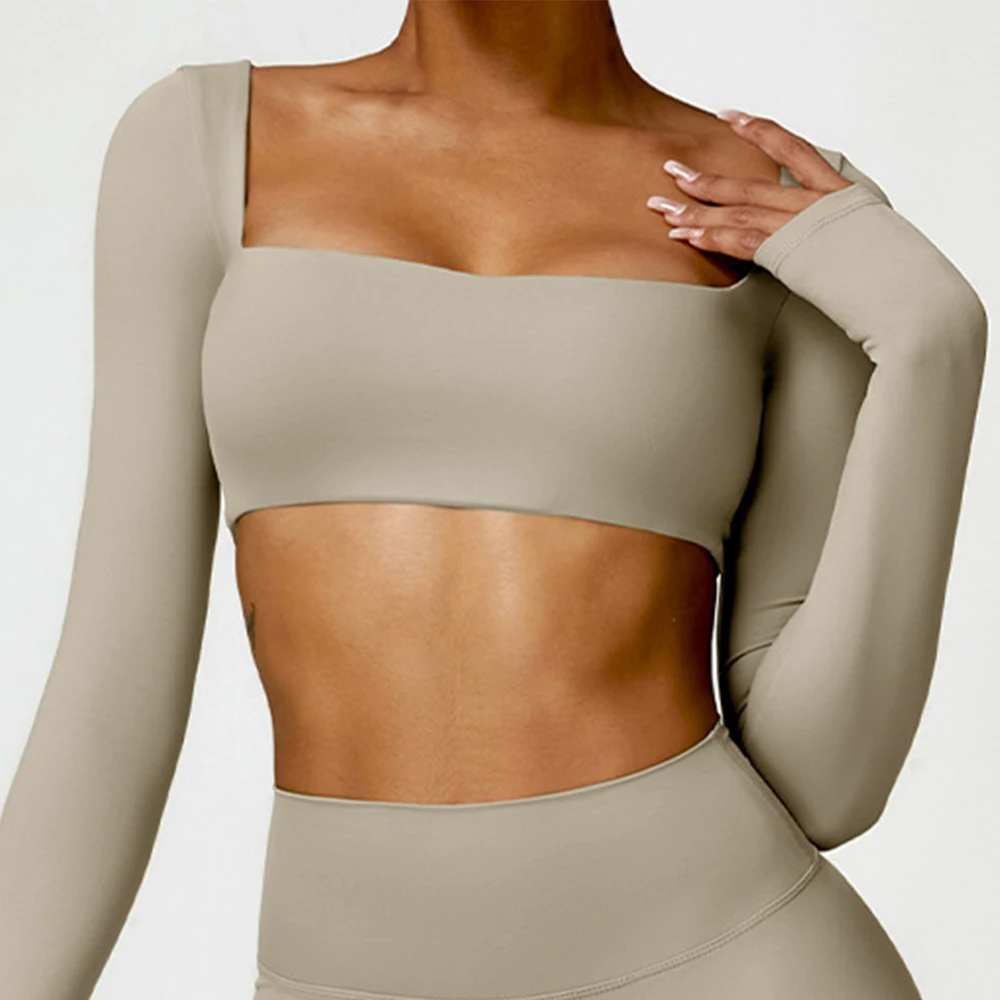

NEW Women's Quick Drying breathable Top Seamless Sexy Square Neckline Elastic Yoga Long Sleeves Crop Top Gym Running Sportwear
