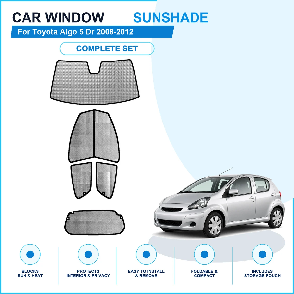For Toyota Aigo 5 Dr 2008-2012 Custom Full Set Window Sunshades Aluminum Foil Suction Cup Anti UV Privacy
