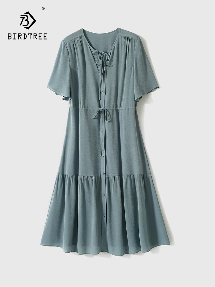 

BirdTree-19MM 100%Real Silk Elegant Dress, V Neck Lace-up Patchwork, Women Temperament Simplicity Dresses, 2026 Spring D63408CC