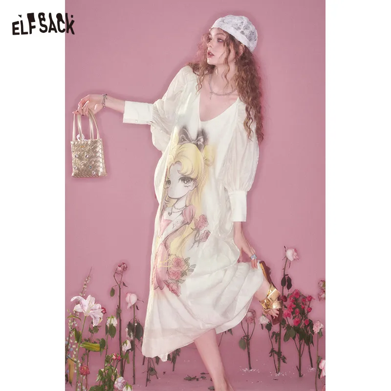 ELFSACK 2025 Summer New Arrival Loose Casual Original Animated Printed V-Neck Bubble Sleeve Women'S Long Dress