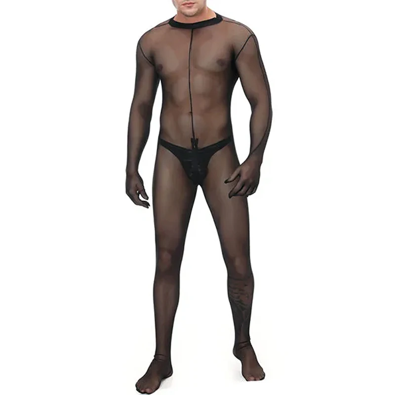 Homens sexy ver através de virilha aberta bodysuit meia-calça meias eróticas uma peça macacão sissy meias de corpo inteiro collant