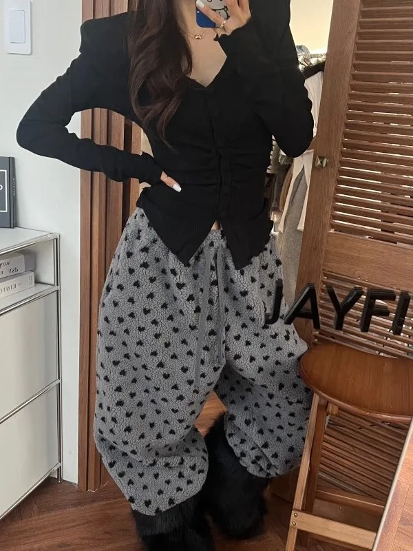 Casual Fleece Wide Leg Pants Women's Drawstring Elastic Waist Love Heart Patterned Leisure Trousers Korean Style 2026