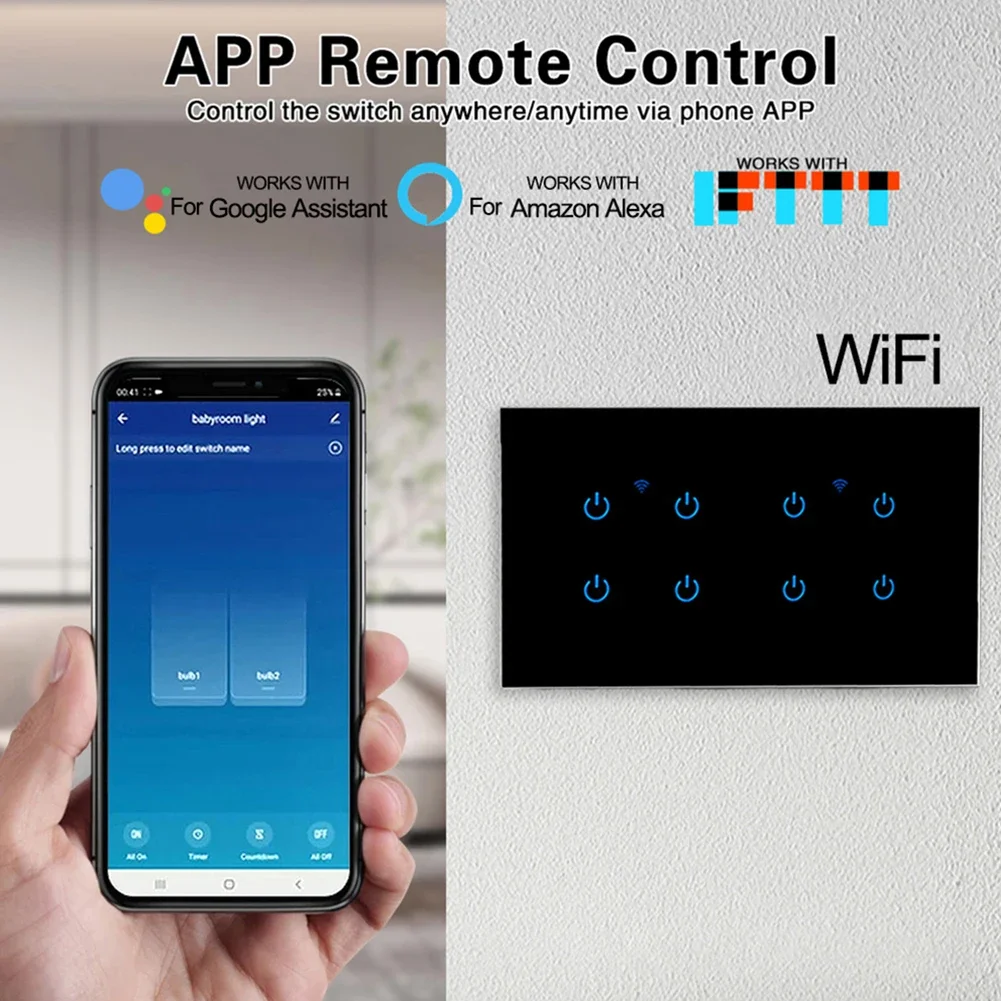

Двусторонний сенсорный переключатель Smart WiFi Голосовая активация и дистанционное управление через приложение Tuya для решения домашнего освещения