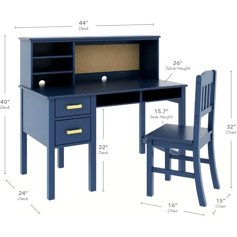 Taiga Desk, Hutch and Chair Set - Navy: Kids Wooden Study Computer Workstation, Children's Bedroom Table with Storage