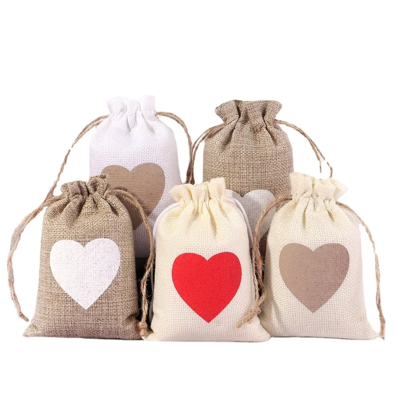 Bolsa de lino con cordón para regalo, bolsa de envoltura de 10x14cm para llaves, color blanco y caqui, para Halloween, Día de San Valentín y fiesta de Navidad, lote de 10 unidades