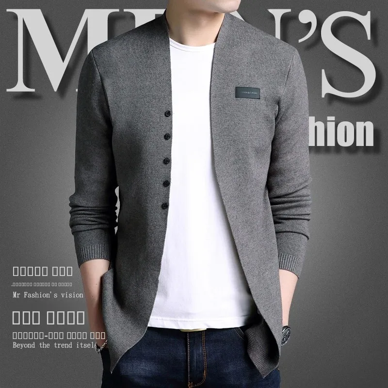

Slim Fit Knitted Cardigan Men's Spring Autumn Faion Pure Color Sweater Outerwear Thin Sli Men's Jaet V Ne Long Sve