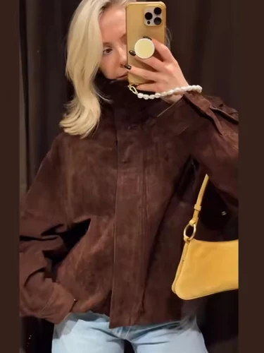 Imagen 2 del producto TFMLN Otoño Invierno chaquetas de gamuza para mujer moda suelta manga larga elegante abrigo cálido Chic calle ocio abrigos con cremallera