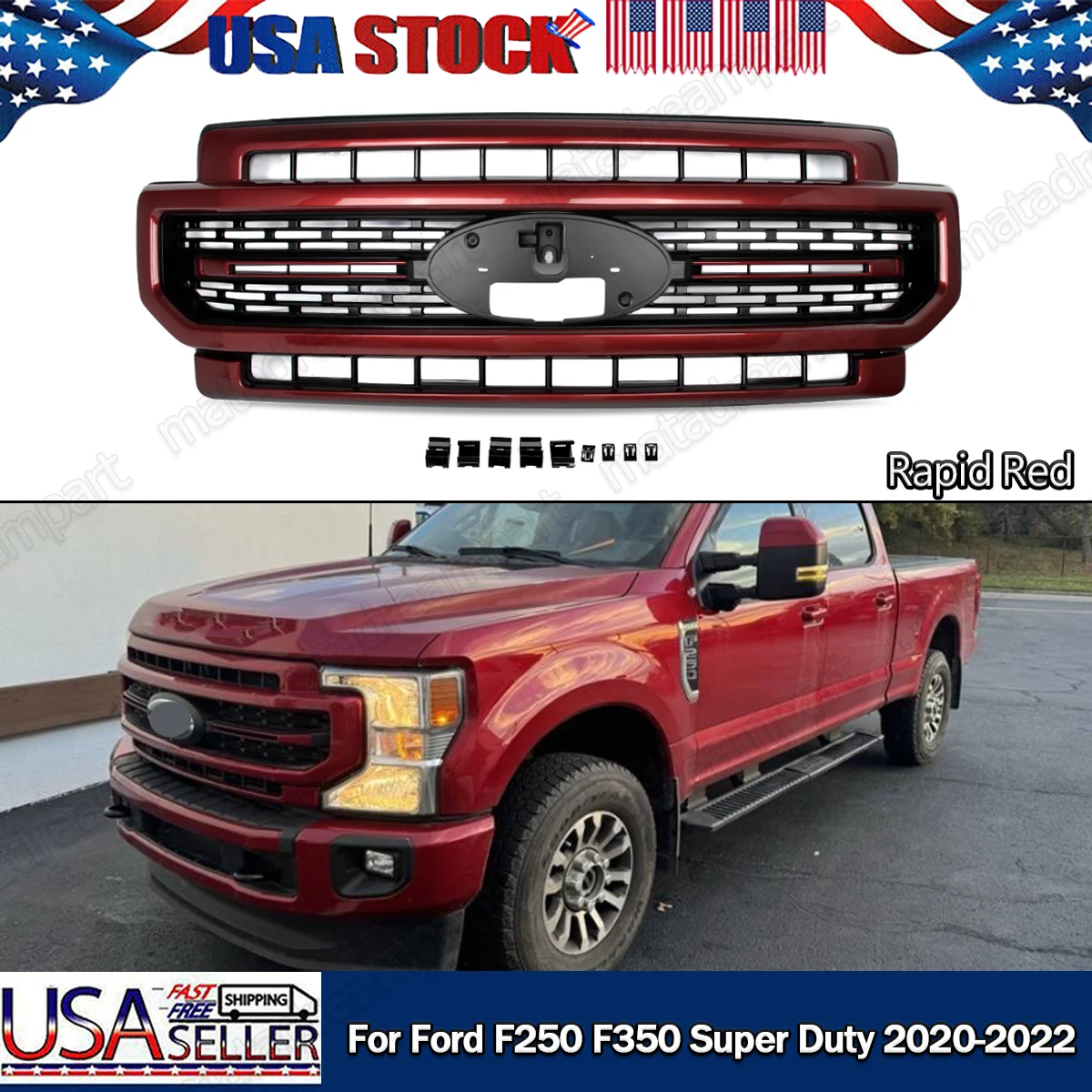 Magickit Lariat Style Front Bumper Racing Grille Rapid Red + Black For Ford F250 F-250 F-350 2020 2021 2022 Bumper Grill Grid