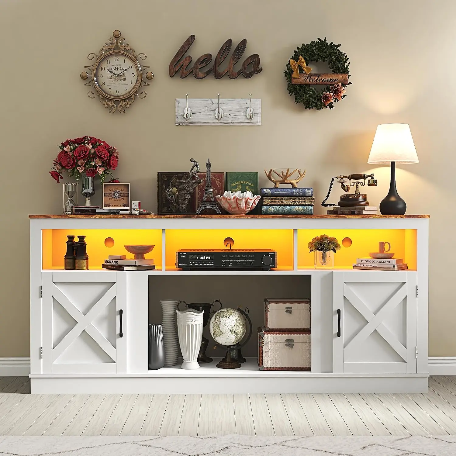 Farmhouse TV Stand 70/75/80 Inch Entertainment Center LED Light Console Barn Doors Shelves Living Room, Customized