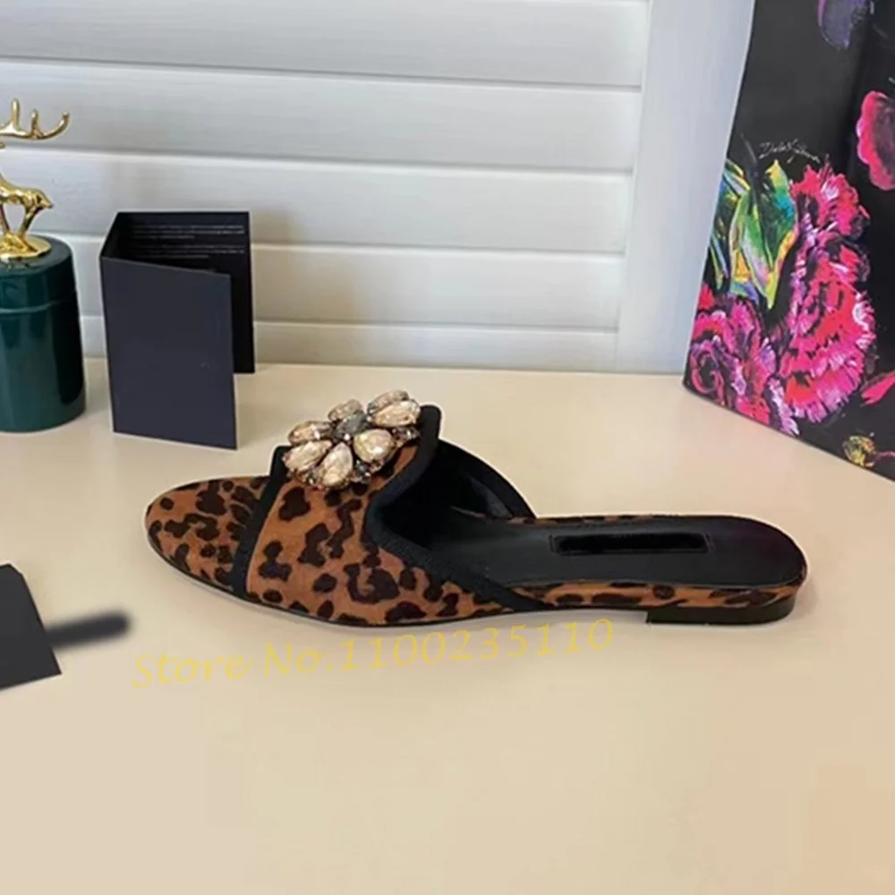 Crystal Flower Leopard Flat Slippers Women Summer Comfy Brown Shoes Sexy Open Toe Rhinestones Slippers Casual New Arrival Shoes