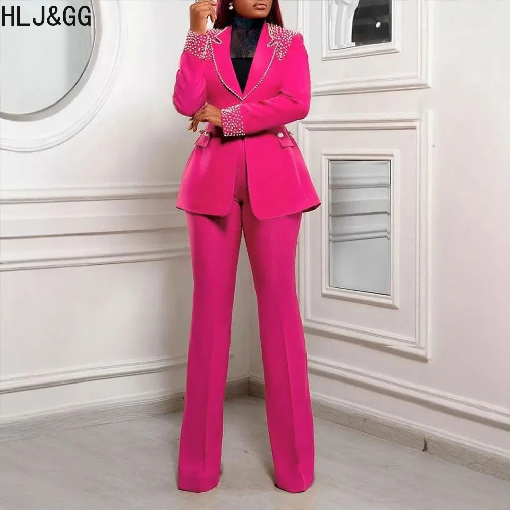 HLJ&GG Elegant Lady Pearls Blazer Two Piece Sets Women V Neck Long Sleeve Slim Top And Pencil Pants Outfits Casual OL Clothing