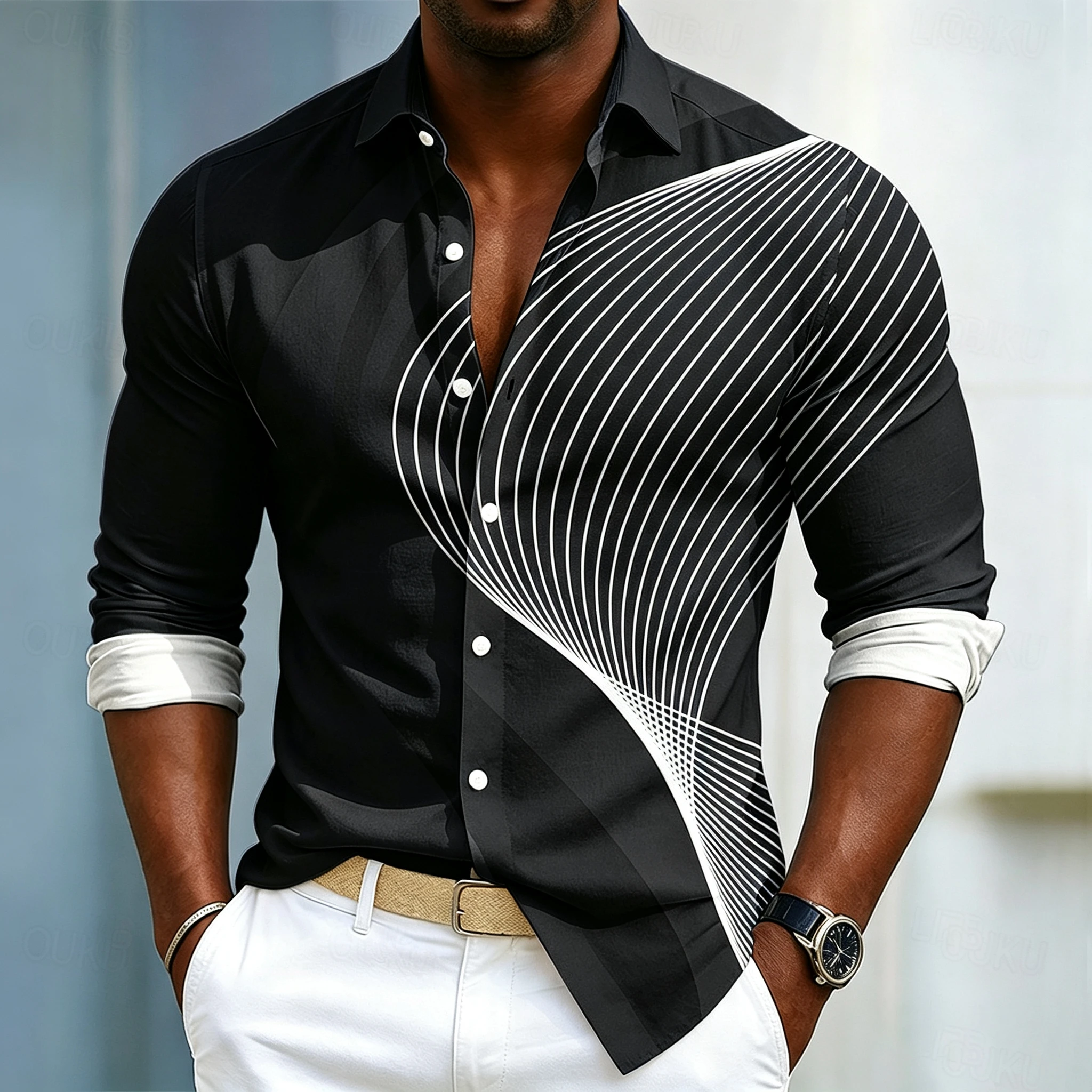 Men's geometric curve long-sleeved shirt, color-blocked rolled-up cuffs, trendy business casual men's top.
