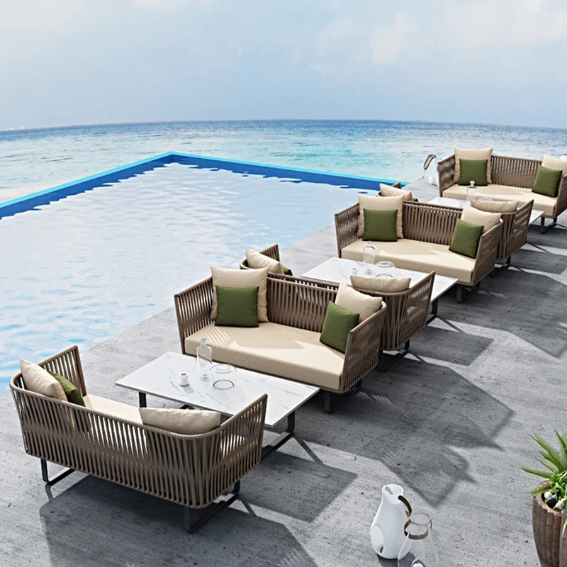 Outdoor Rattan Sofa Three People Waterproof Sunscreen Famous Courtyard Garden Balcony Outdoor Leisure Coffee Table Rattan Chair