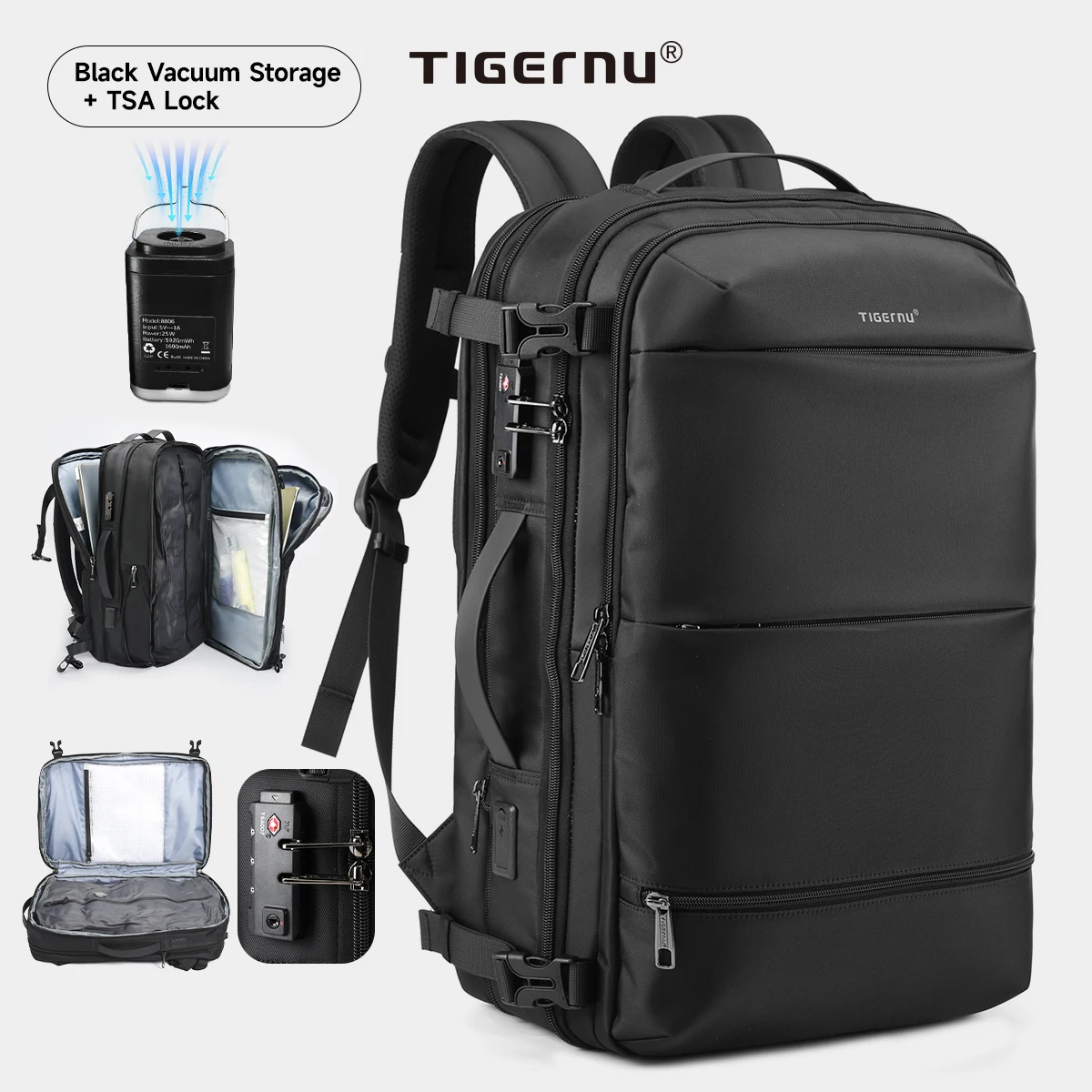 Tigernu Vacuümcompressie-rugzakken Heren Reisrugzak Uitbreidbare USB-tas Grote capaciteit 17 laptoptassen voor schoo-cabinezakken