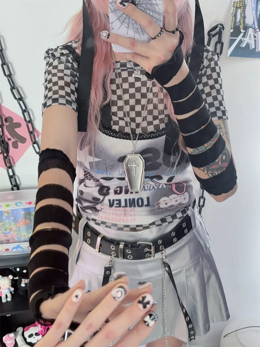 2000s Hot Girl Y2K Hole Mine Fingerless Gloves Female Goth Harajuku Punk Subculture Straps Arms Warmer Women White Oversleeve