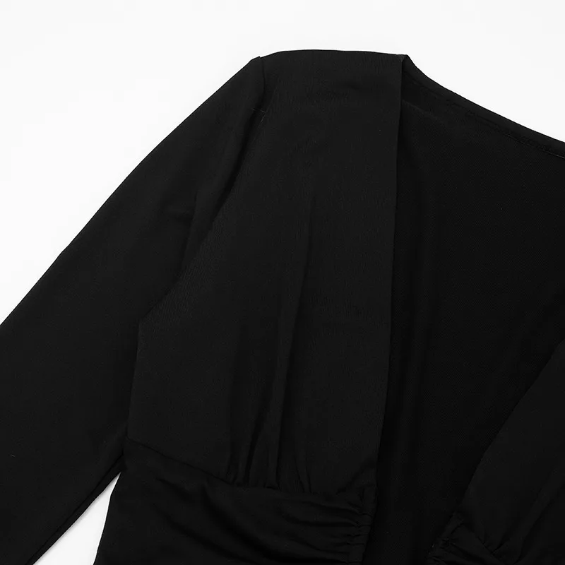 Jesienna Nowa Seksowna Sukienka z Głębokim Dekoltem w Serek, Wycięciami, Plisowaną Talią i Biodrami, Długi Rękaw, Elegancka, Do Pracy, Czarna Sukienka Damska