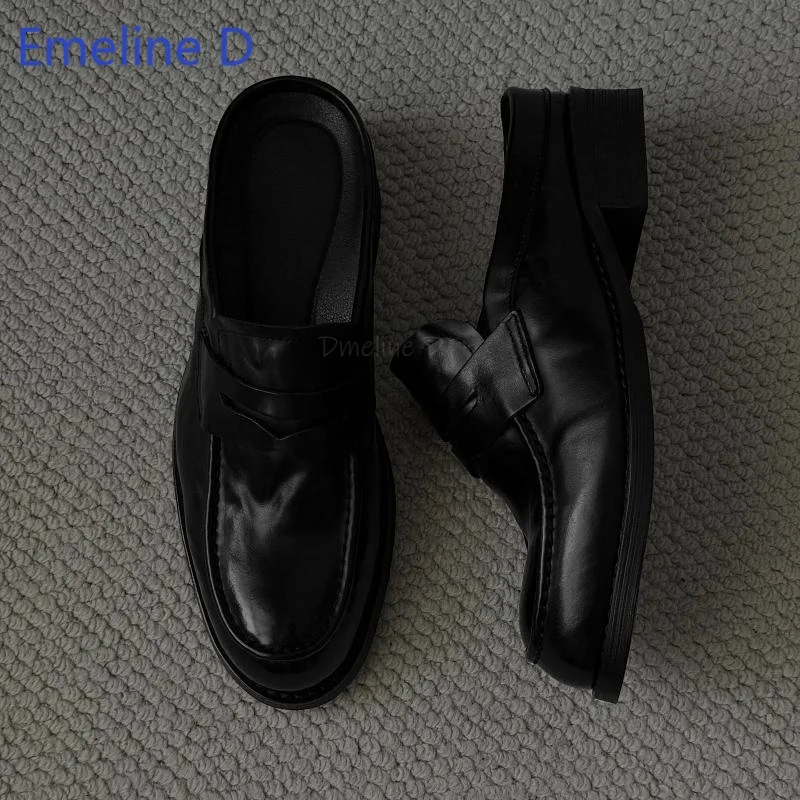 Square Toe Loafer Mules Backless Slip On Shoes Soft Textured Leather Low Chunky Block Heel Retro Minimalist Fashion Footwear