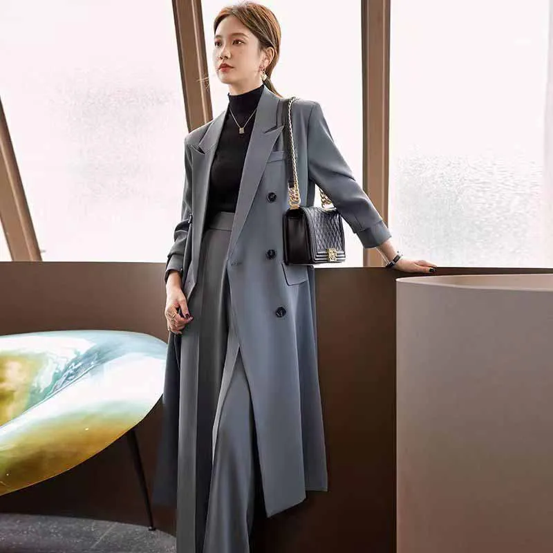 FANAN-gabardina larga elegante para mujer, chaqueta coreana con doble botonadura para oficina, ropa de calle de moda, abrigos de manga larga