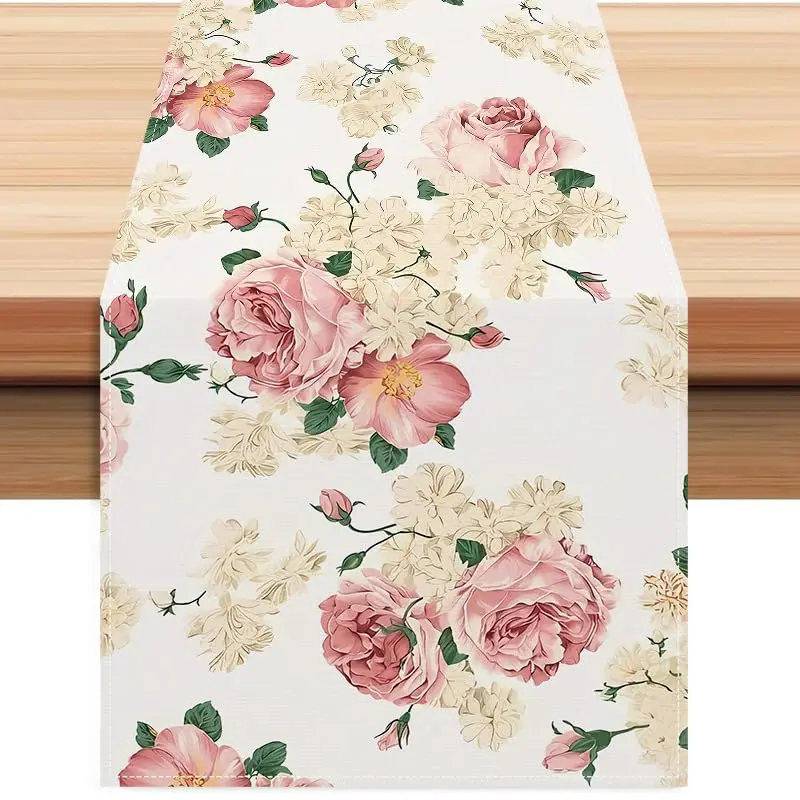 

Floral Table Runner, Pink Rose Pattern, 72 x 13 inches, Vintage Design for Dining Table Decoration
